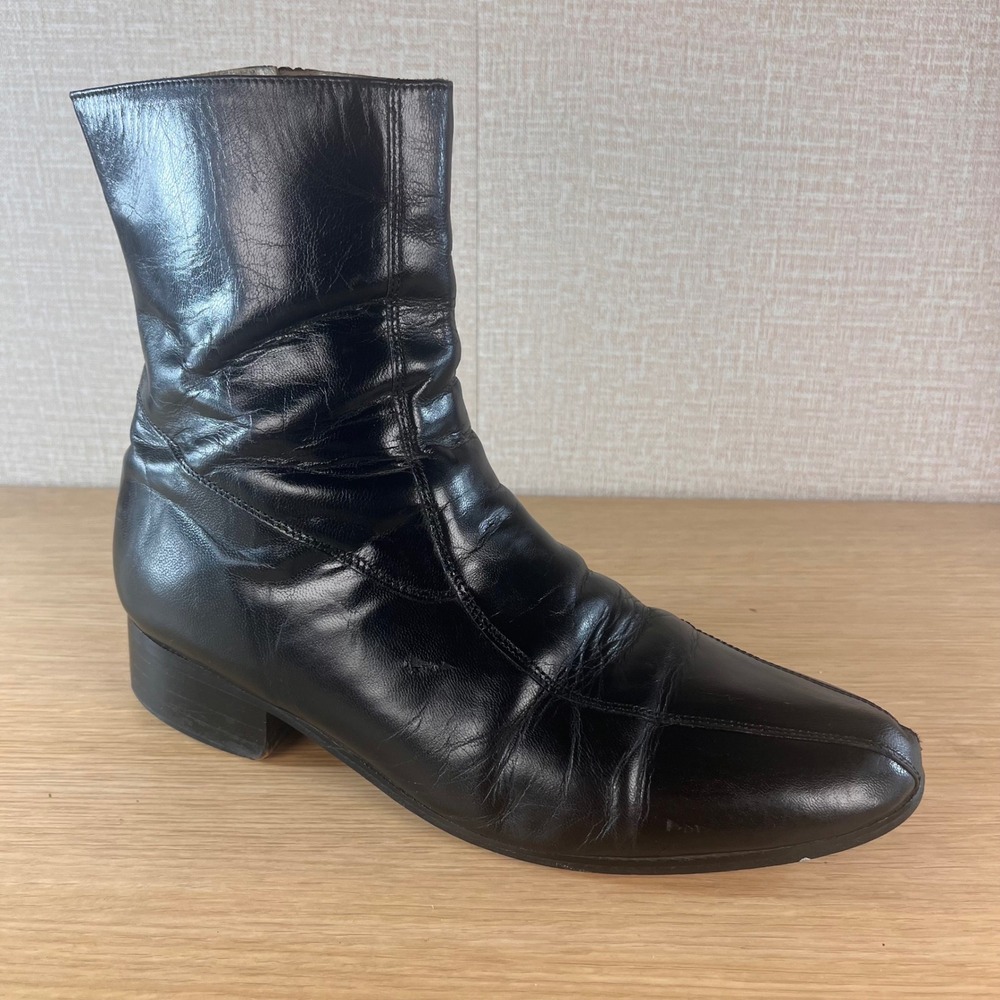 Vintage Mens Black Leather Side Zip Ankle Boots Square Toe 3014 01 Size 10.5 D